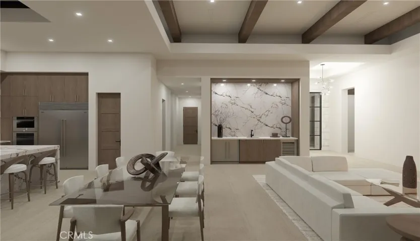 Architectural rendering – main living area and dining space with 15-foot ceilings and soffited lighting.