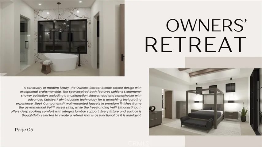 Architectural rendering – primary suite and spa-inspired bath featuring Kohler® fixtures and freestanding Veil Lithocast® soaking tub.