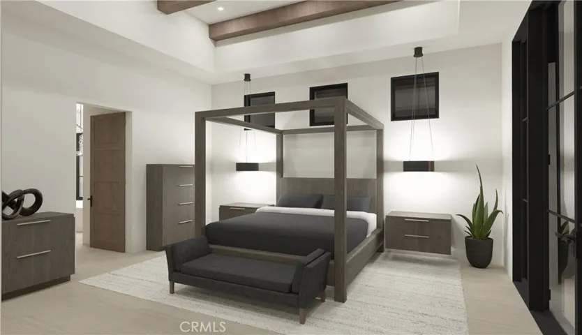 Architectural rendering – primary suite with vaulted ceilings and large picture windows.