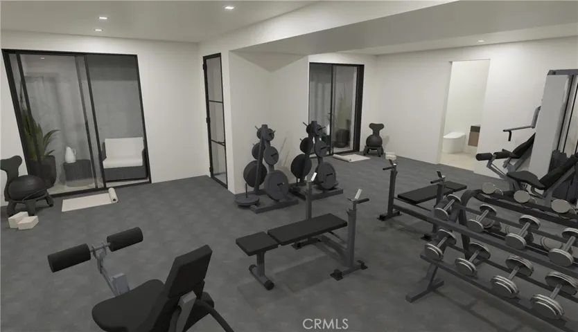 Architectural rendering – lower-level retreat configured as a fitness studio.
