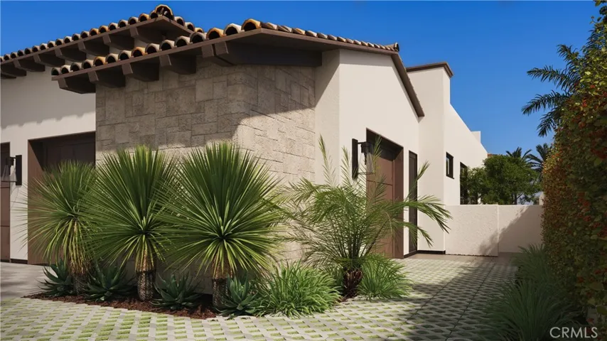 Architectural rendering – side elevation and golf cart access showcasing natural stone veneer and smooth stucco finishes.