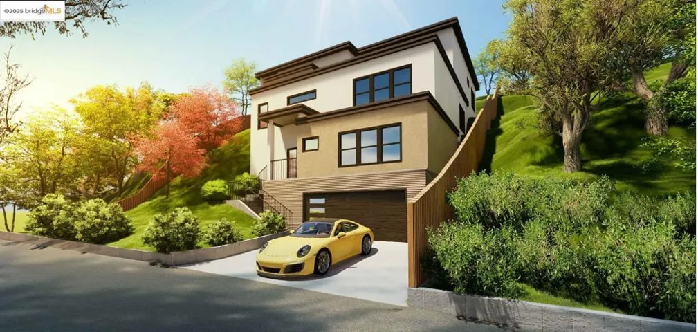 Rear view of house with stucco siding, concrete driveway, a balcony, and a garage