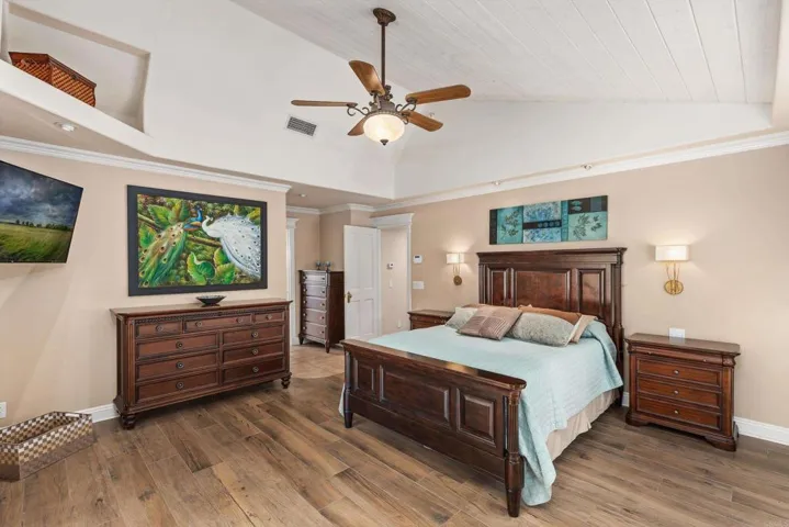 Wood-like plank tile flooring.