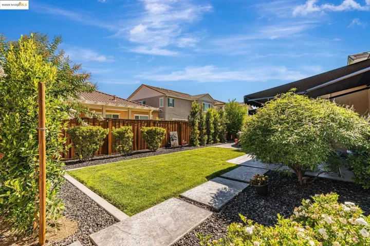 Fenced backyard with a residential view