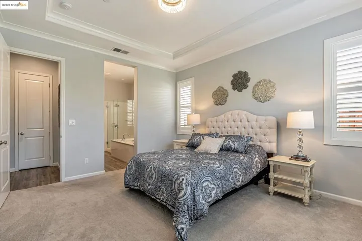 Bedroom with ensuite bathroom, carpet, a tray ceiling, and ornamental molding