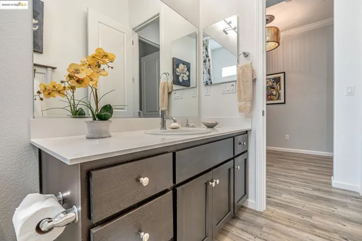 Bathroom featuring vanity, light wood finished floors, ornamental molding, and a textured wall