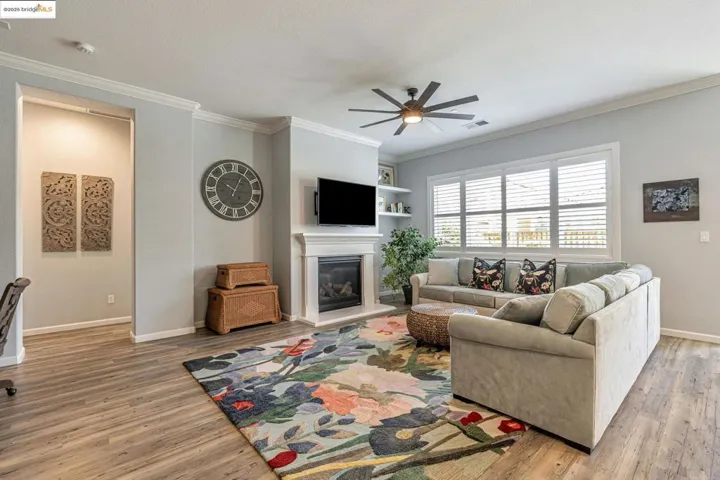 Living area featuring a glass covered fireplace, crown molding, ceiling fan, and light wood-style floors
