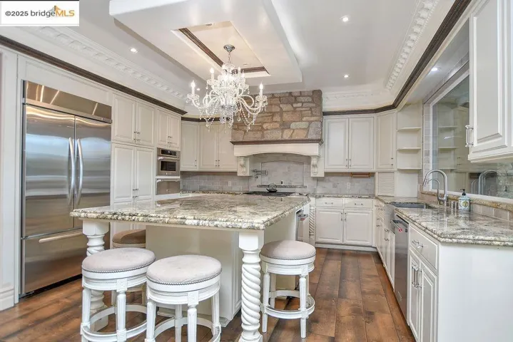 Kitchen featuring a raised ceiling, open shelves, stainless steel appliances, dark wood-style flooring, and light stone counters