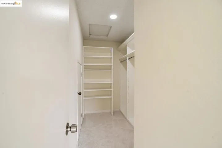 Walk in closet featuring light colored carpet and attic access