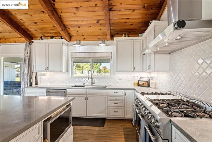 Kitchen featuring appliances with stainless steel finishes, ventilation hood, tasteful backsplash, white cabinetry, and dark wood-type flooring