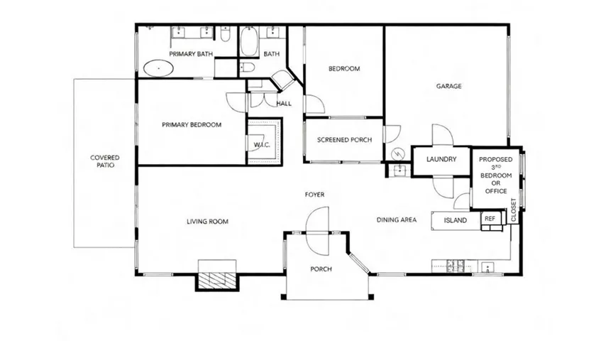 Proposed floor plan modification to create a 3-bedroom layout. Based on a contractor quote of approximately $7,500, improvements include repositioning the kitchen island, relocating the refrigerator, and adding a new bedroom and closet within the existing nook area, along with flooring and cabinet modifications to ensure all finishes match using new materials.
