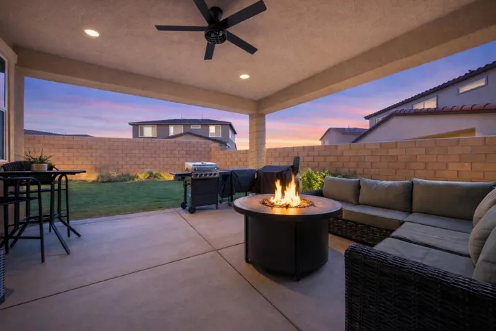 Twilight patio with fire pit