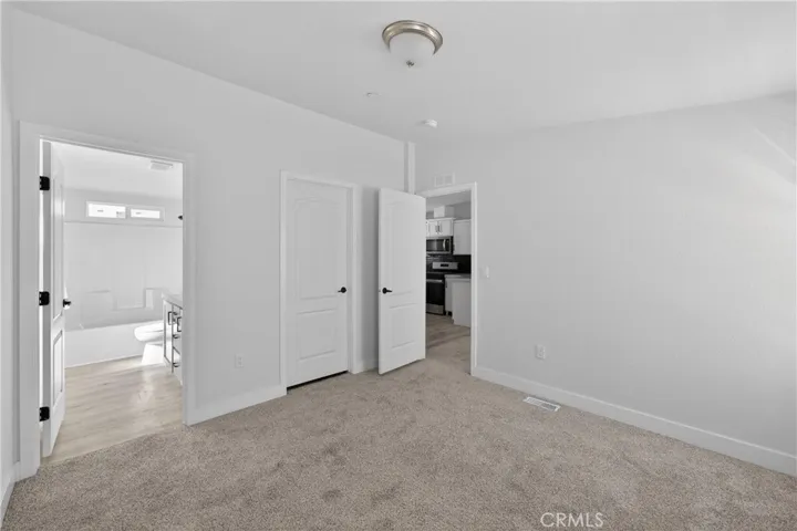 Primary Bedroom - Bathroom is on the left. The closed door is the walk-in closet. The open door takes you back out to the living area.