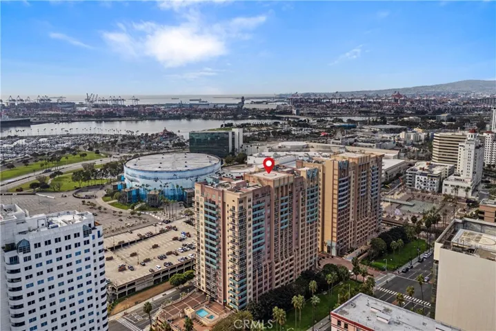 Aerial view of the Aqua Towers and view of the harbor