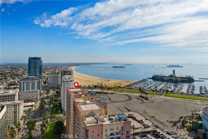 Aerial view of the Aqua Towers and view of the Long Beach coastline
