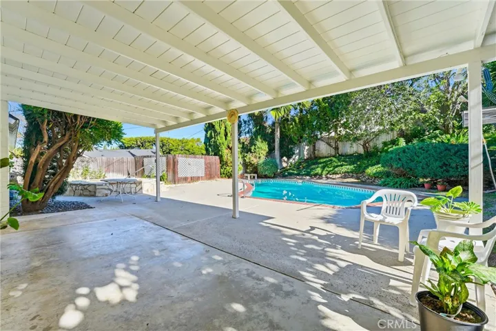 Covered back patio with views of this private retreat!