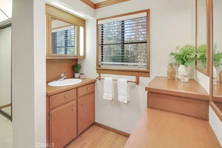 Primary bathroom with separate sink and vanity area for extra storage and counter area