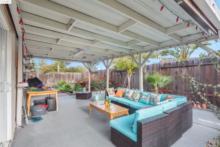 Fenced backyard featuring a patio and an outdoor living space