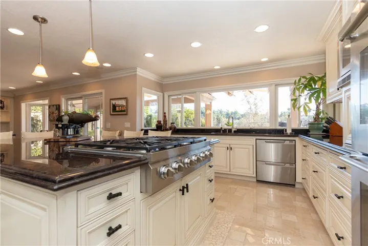 Designer cooktop in the island, plus a double wall oven and microwave.