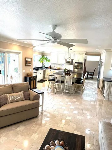 Family room looking into custom kitchen