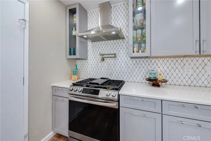 5-burner gas range with air fryer and additional cooking options, unique water pot filler and vent against fabulous custom backsplashes to the ceiling.
