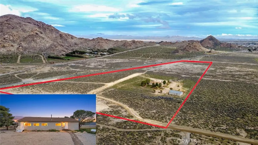 28.64 acres - 2,280 sq ft home - 2,400 sq ft airplane hangar/shop - Private well - Solar Micro Grid  - Hwy 18 frontage - Western Lucerne Valley