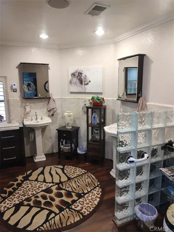 MASTER BATHROOM WITH CUSTOM GLASS SEPARATE VANITYS AND WALK IN SHOWER WITH SEPARATE TUB