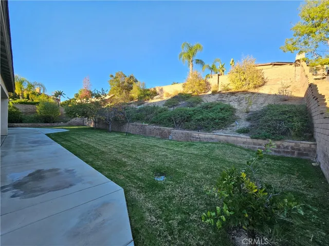 This area is a spacious and tiered backyard featuring a large lawn, a concrete patio, and mature landscaping on a hillside.