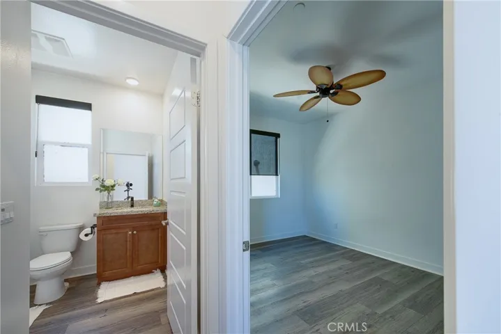 Looking into guest bathroom and bedroon