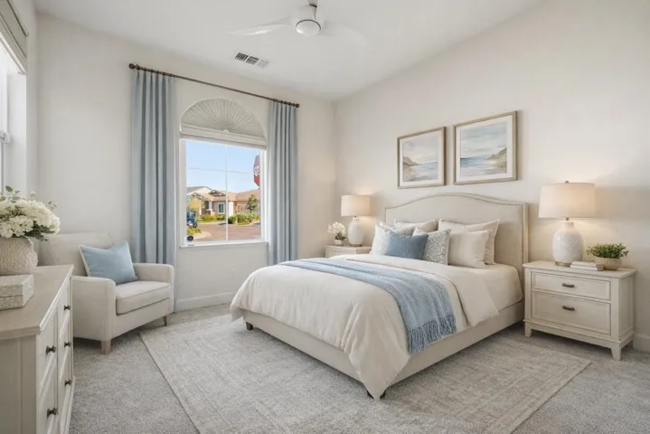Bedroom featuring a ceiling fan and light carpet
