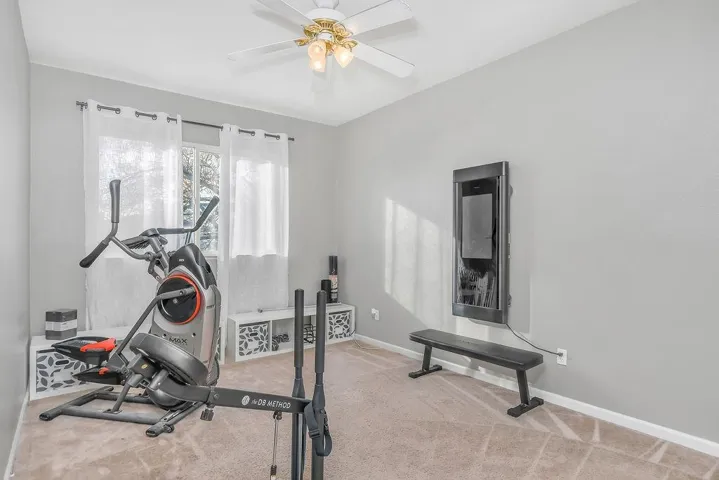Workout area featuring carpet flooring and a ceiling fan