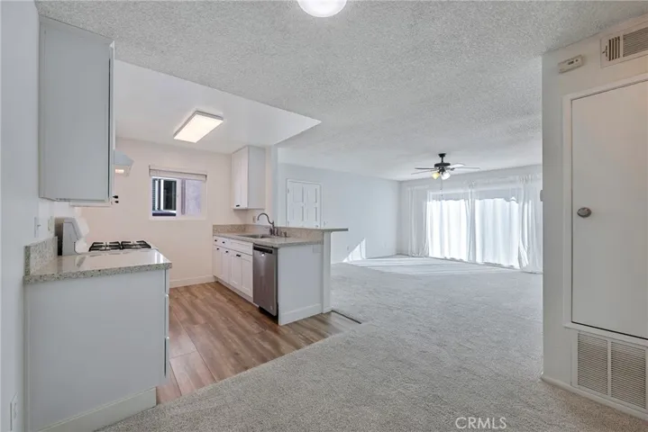 Kitchen, living room, not staged