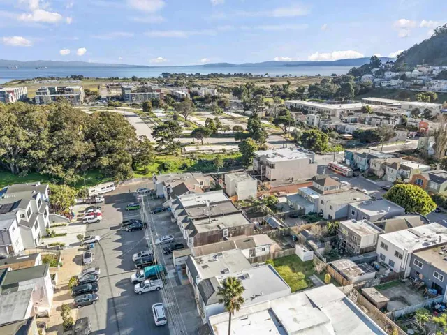 Aerial view of a nearby body of water