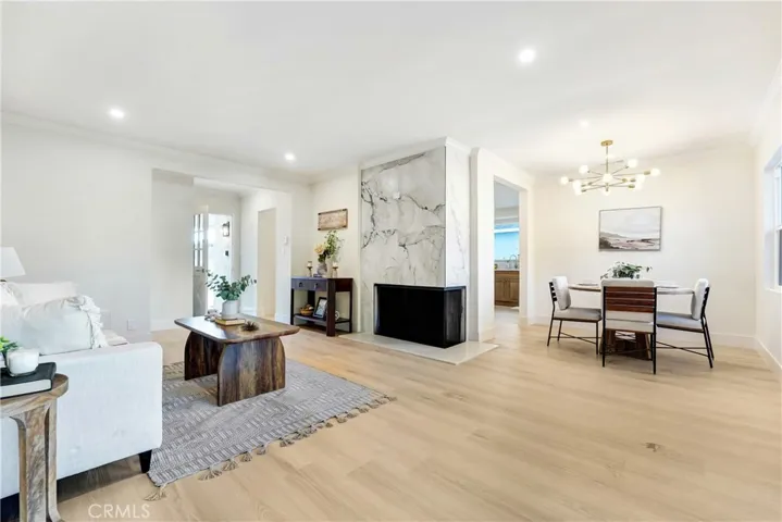 Fireplace and view to dining area