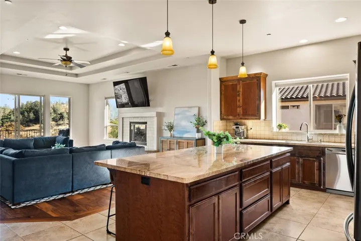 Large kitchen island open to the living room.