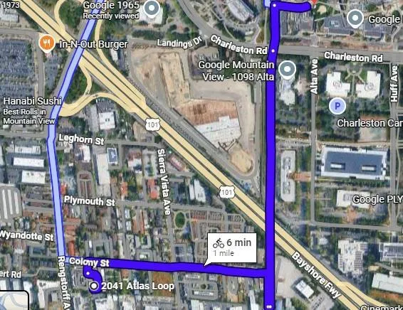 6 to 12 Minute Bike Ride to the Googleplex.