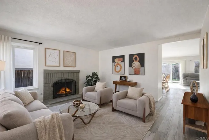 Artificial intelligence used for staging room with furniture and fire.
