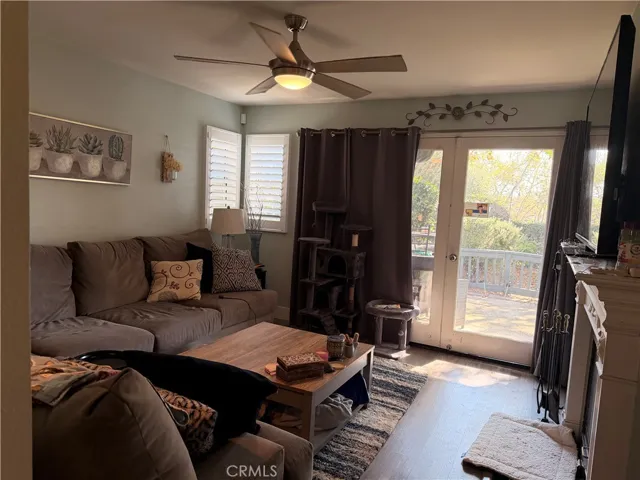Living room with fireplace and doors to large, private patio.