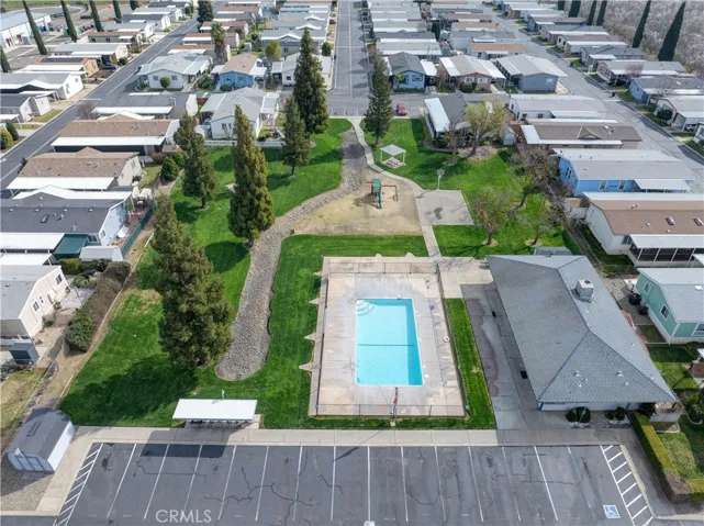 aerial view of park and pool