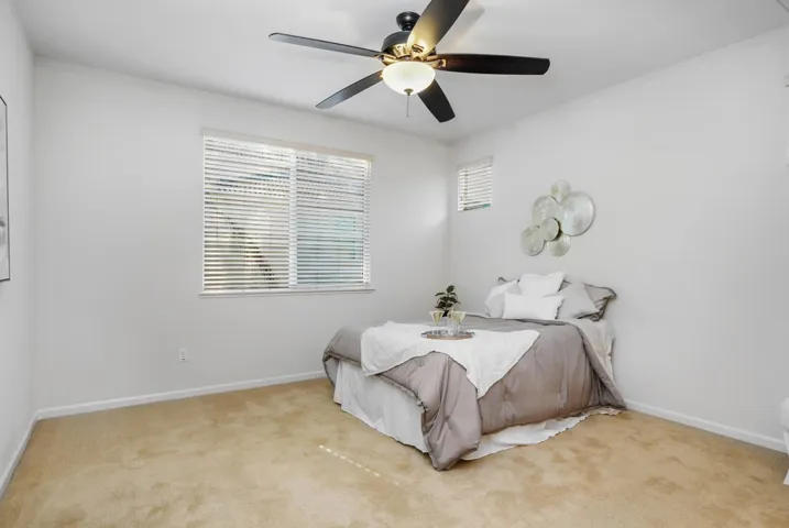 Bedroom with ceiling fan and carpet flooring