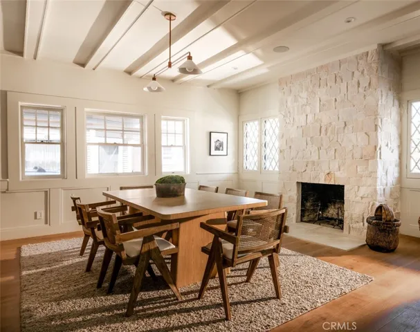 Large dining area with accent lighting.
