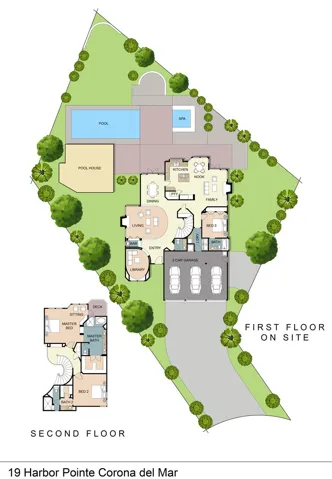 This home and separate pool house are on a 19100 square foot lot! This is the artist redition of the actual existing property.  Check out the rest of the actual photos.