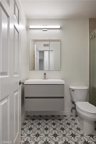 Remodeled hallway bathroom with walk-in shower, mosaic tile floors, brushed nickel fixtures, new vanity and light.