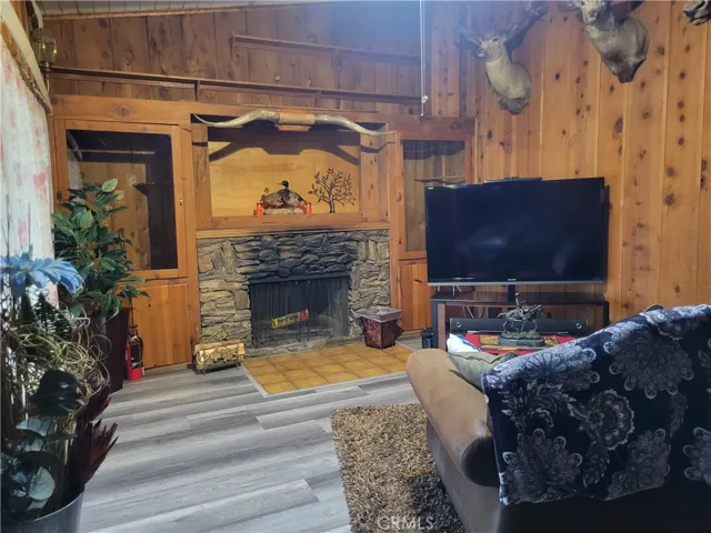 Den has fireplace, high ceilings & custom woodwork