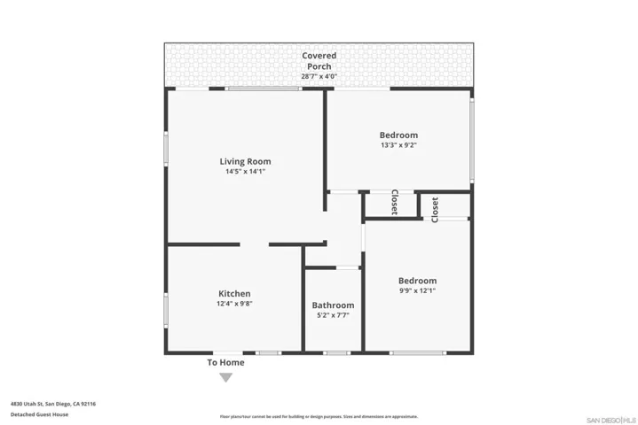4832 Utah, Main entrance is from Utah Street and enters into the living room off of the porch. The backdoor is indicated as the entrance on this floor plan. This backdoor exits through the kitchen to laundry room with access to alley w/1 parking spot
