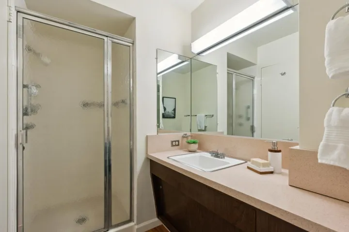 Bathroom with a shower stall and vanity