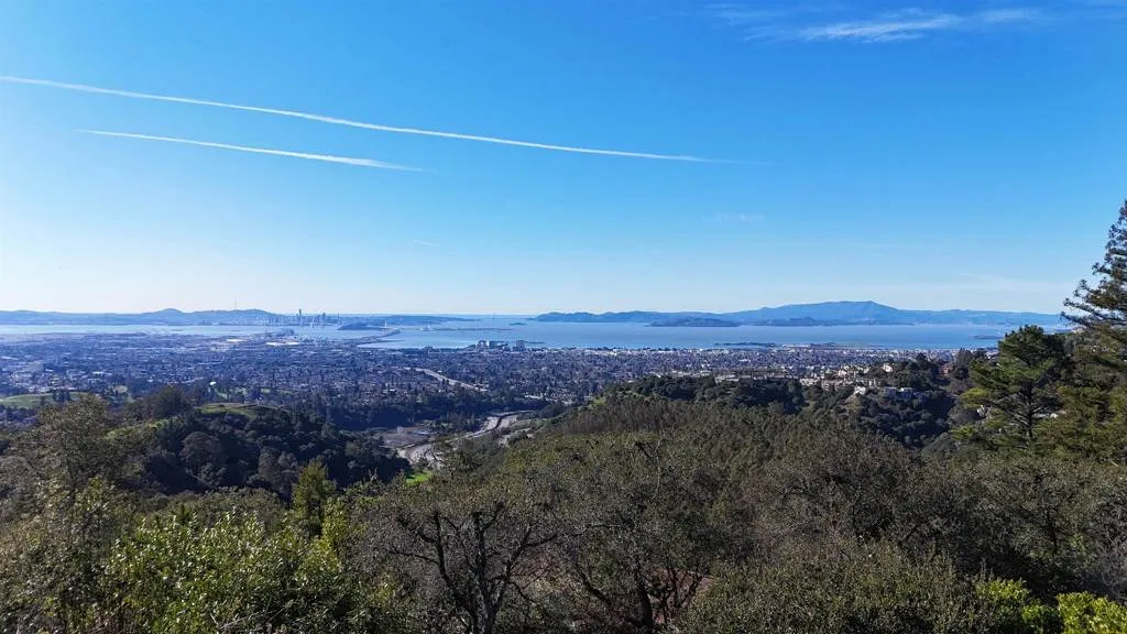 View of mountain background featuring a heavily wooded area and a large body of water