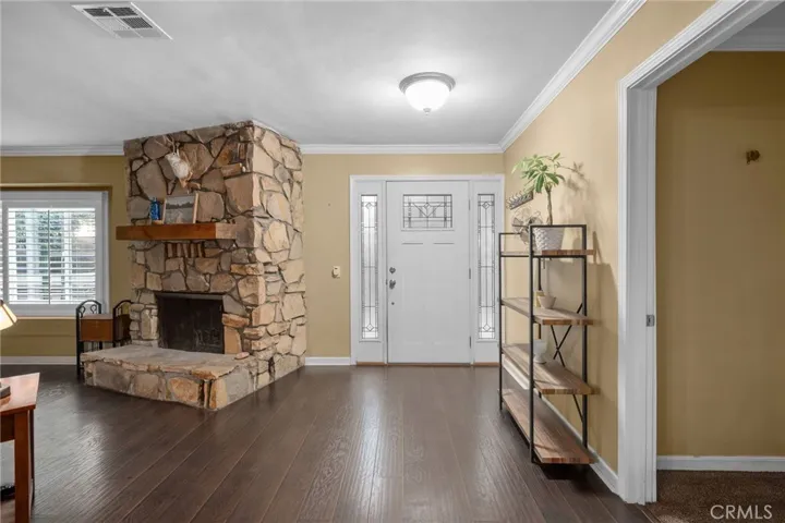 Front entry.  Huge wood burning fireplace.