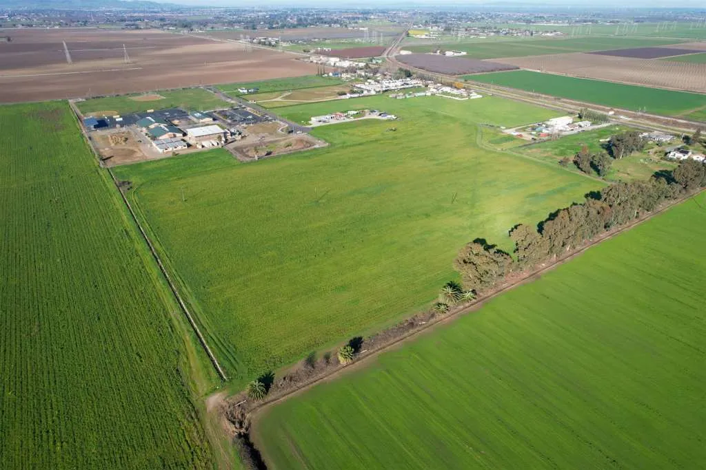 Overview of rural landscape featuring rows of crops