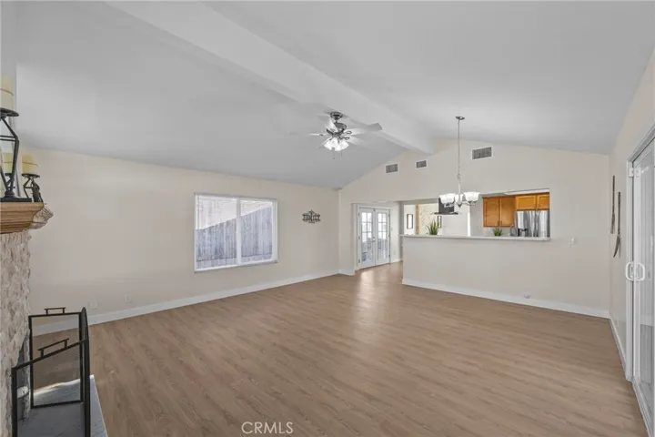 Family room shows high ceilings